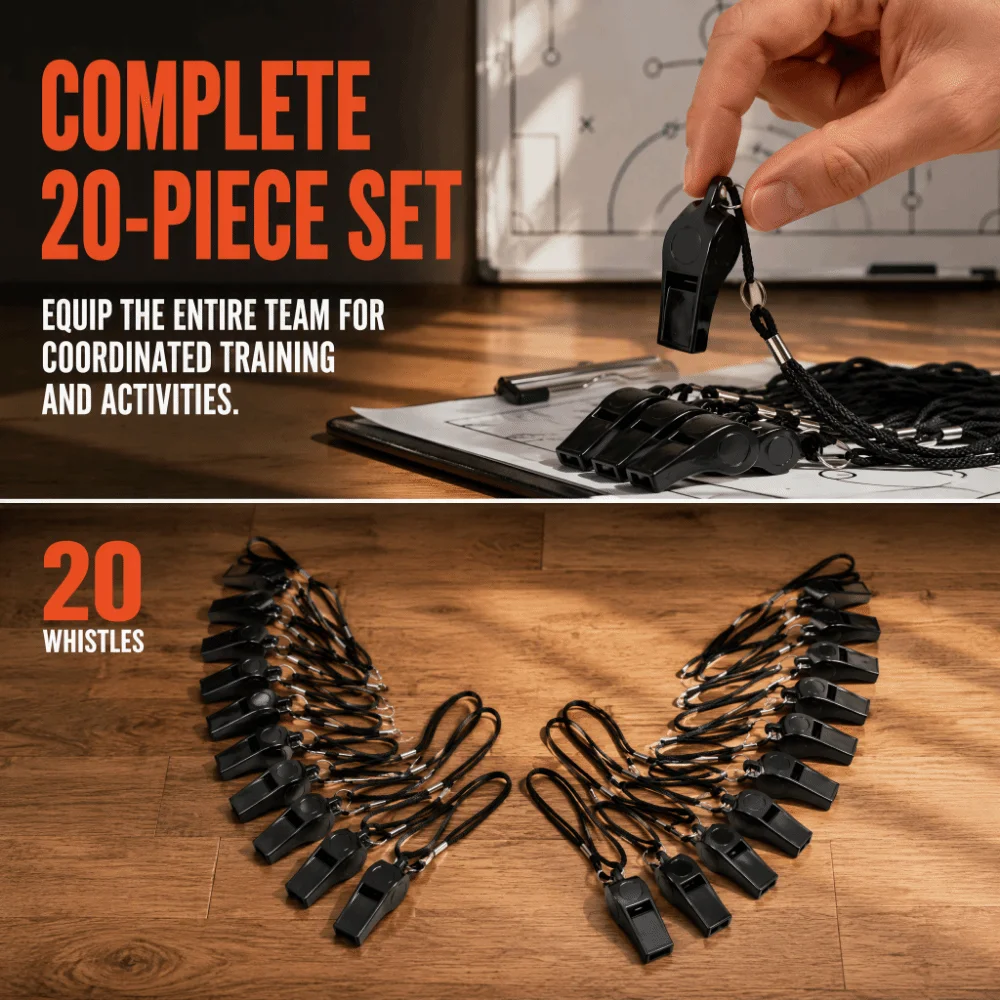 20pcs Plastic Material Plastic Whistle Black Color Crisp Sound Sports Whistle Portable Size Lanyard Strap Lanyard Whistle
