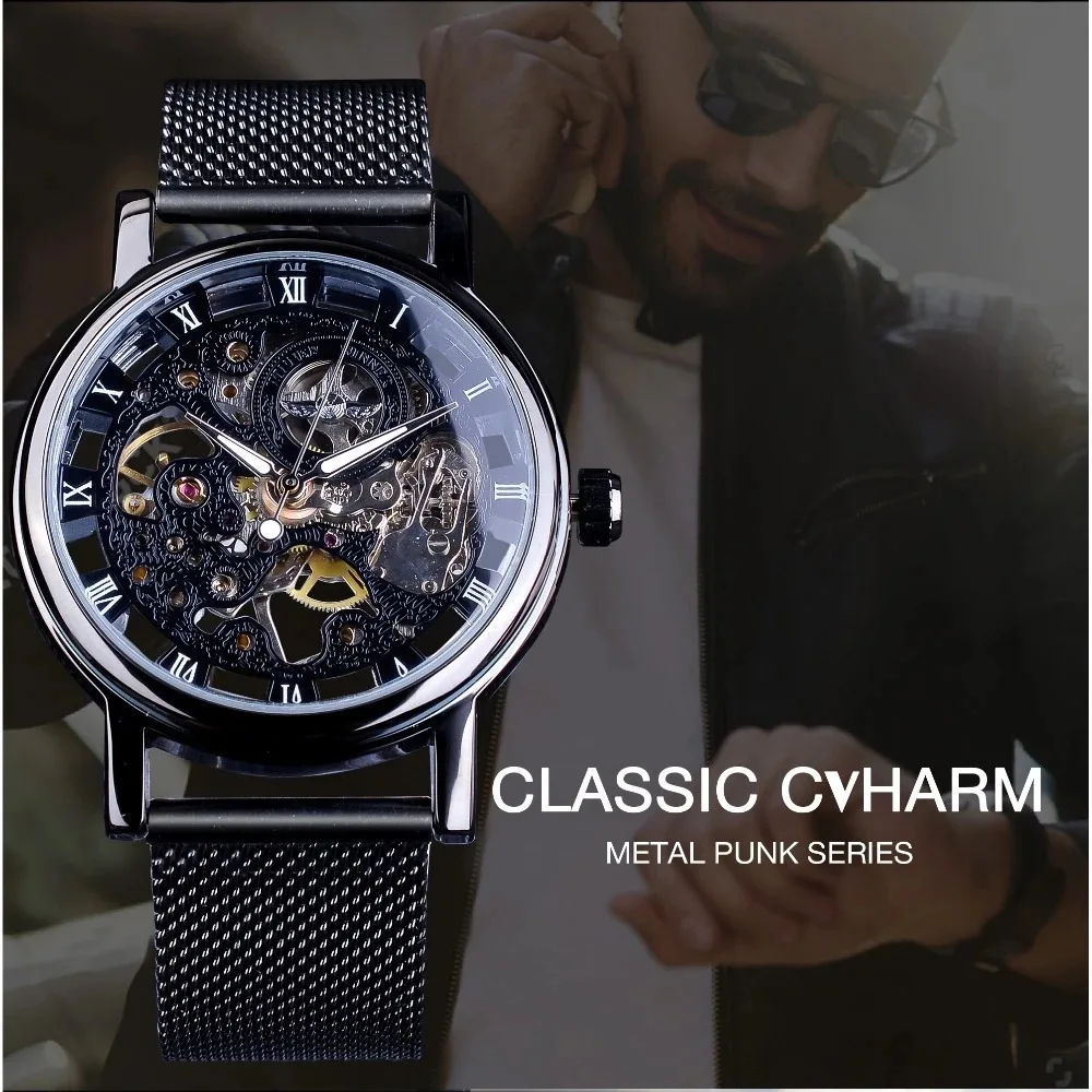 Forsining Winner Top Brand Men's Vintage Roman Numeral Skeleton Hand-Wind Mechanical Mesh Stainless Steel Case Wrist Watches