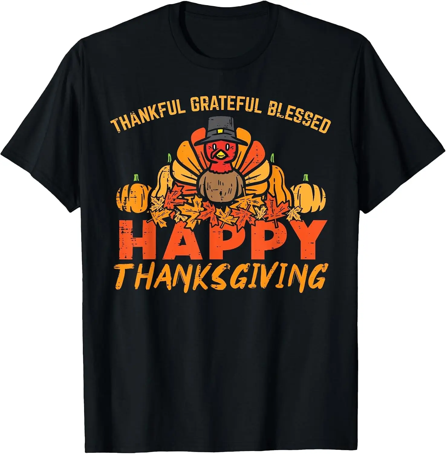 Thankful Grateful Blessed Happy Thanksgiving Pilgrim Turkey T-Shirt Men's Thanksgiving Day Retro Graphic Print T‑Shirt, Casual Short Sleeve Crew Neck Cotton Tee, Autumn Fall Holiday Daily Party Tops for Men.