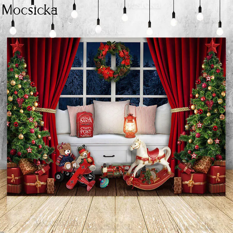 Mocsicka Christmas Room Window Backdrops For Photography Trojan Horse Winter Xmas Tree Famliy Portrait Background Photo Studio