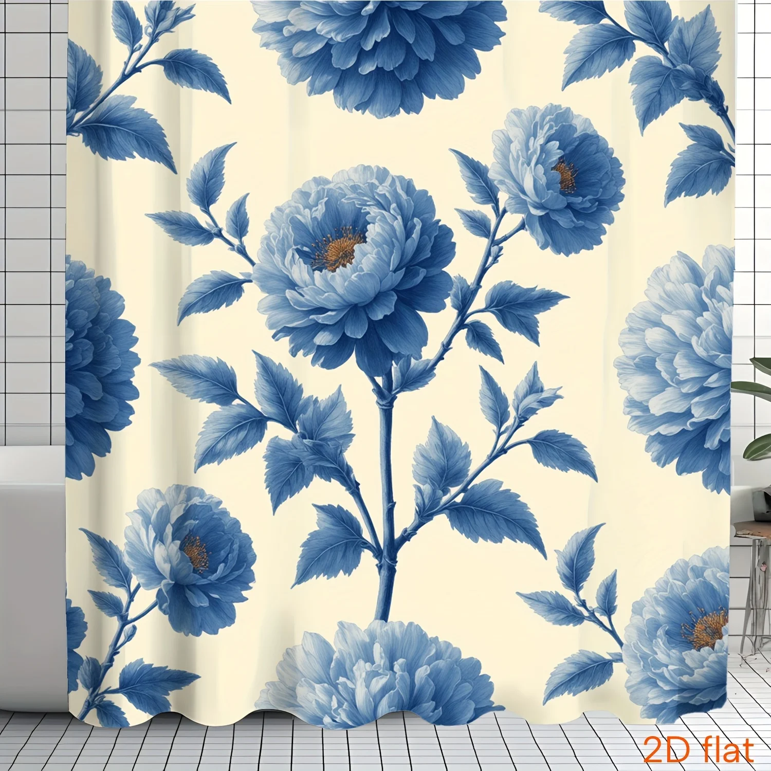 

1pc Retro Christmas Blue Floral Pattern 2D Printed Shower Curtain with 12 Hooks