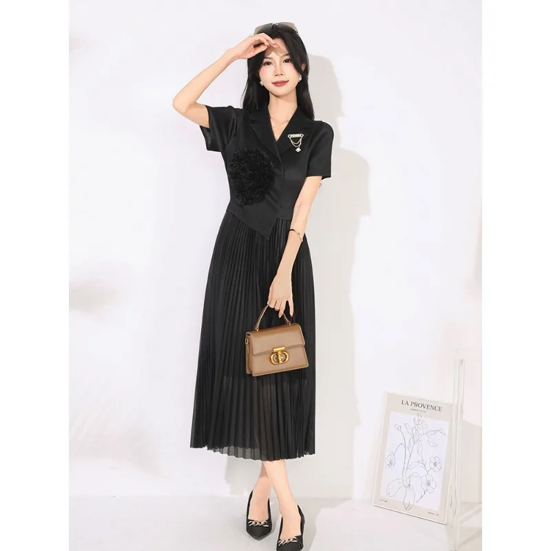 فستان نسائي صيفي بأكمام قصيرة من Miyake فستان جديد بخصر رفيع وياقة مطوية وتنورة طويلة مرنة فساتين نسائية ملابس