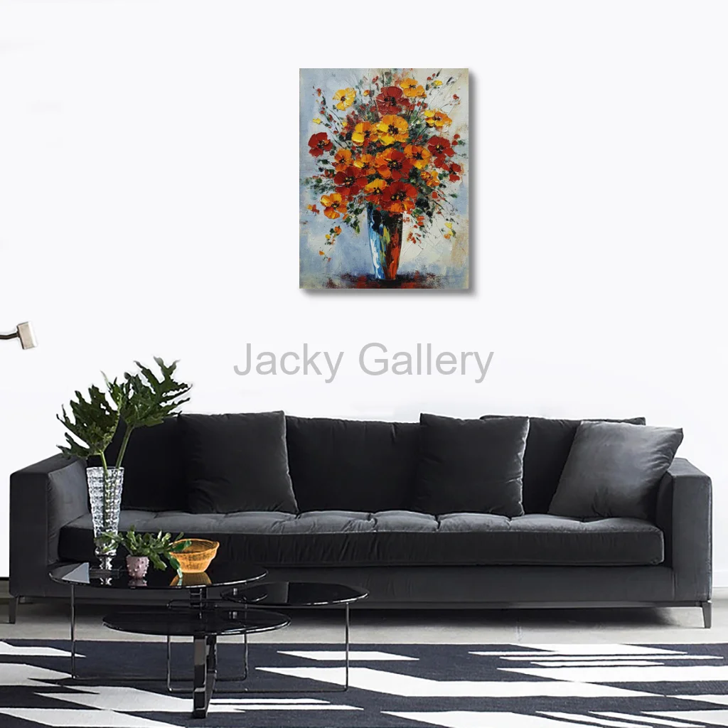 Framed Hand Painted Palette Knife Colorful Flowers Canvas Wall Art Modern Floral Still Life Oil Painting for Dining Room Decor