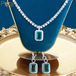 Pera Expensive Light Blue CZ Stone Large Square Pendant Crystal Necklace Earrings for Women Wedding Jewelry Accessories J537