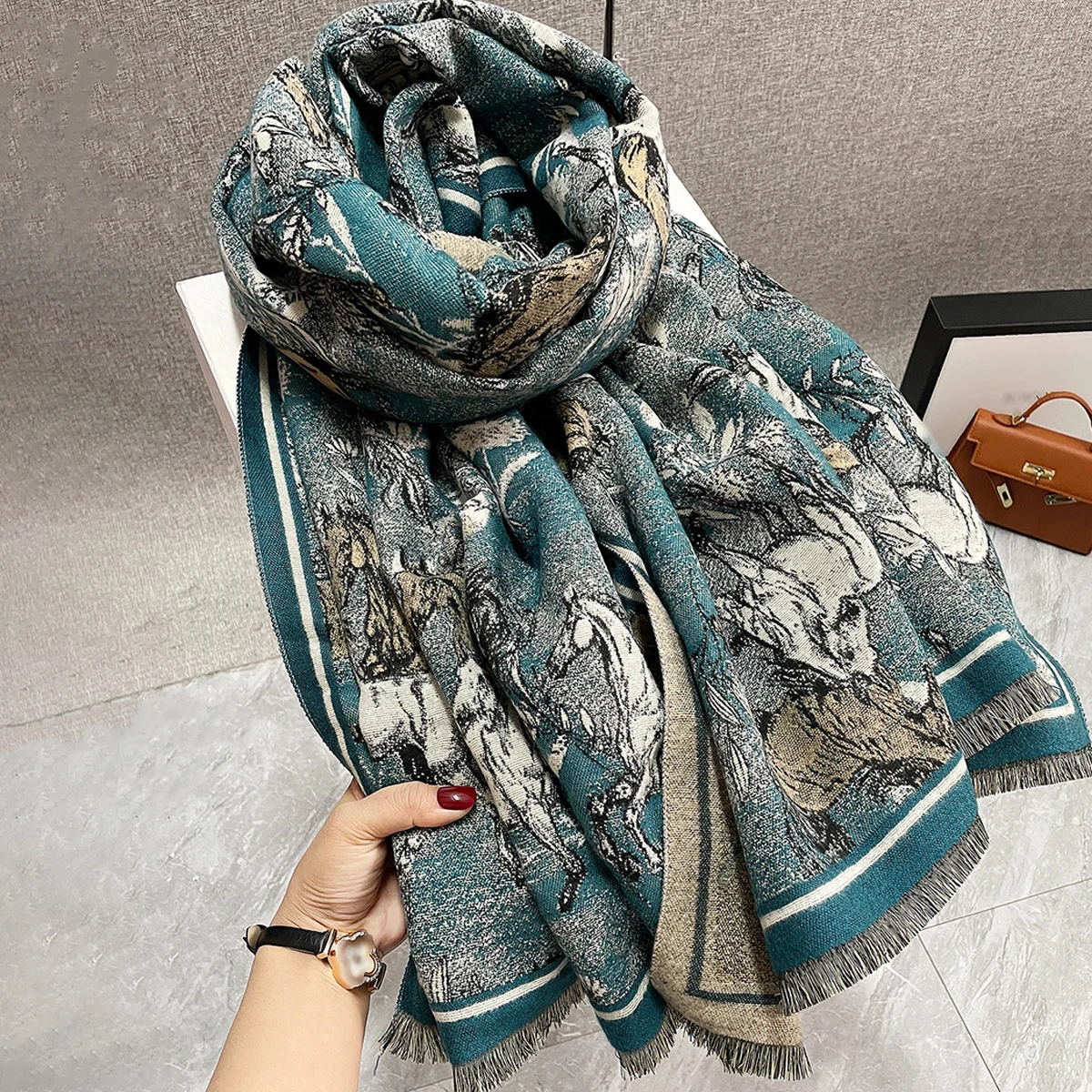 Fashion Double-sided Winter Thick Warm Neck Scarf Air Conditioning Shawl Floral Printing Autumn and Winter Cashmere Feel Blanket