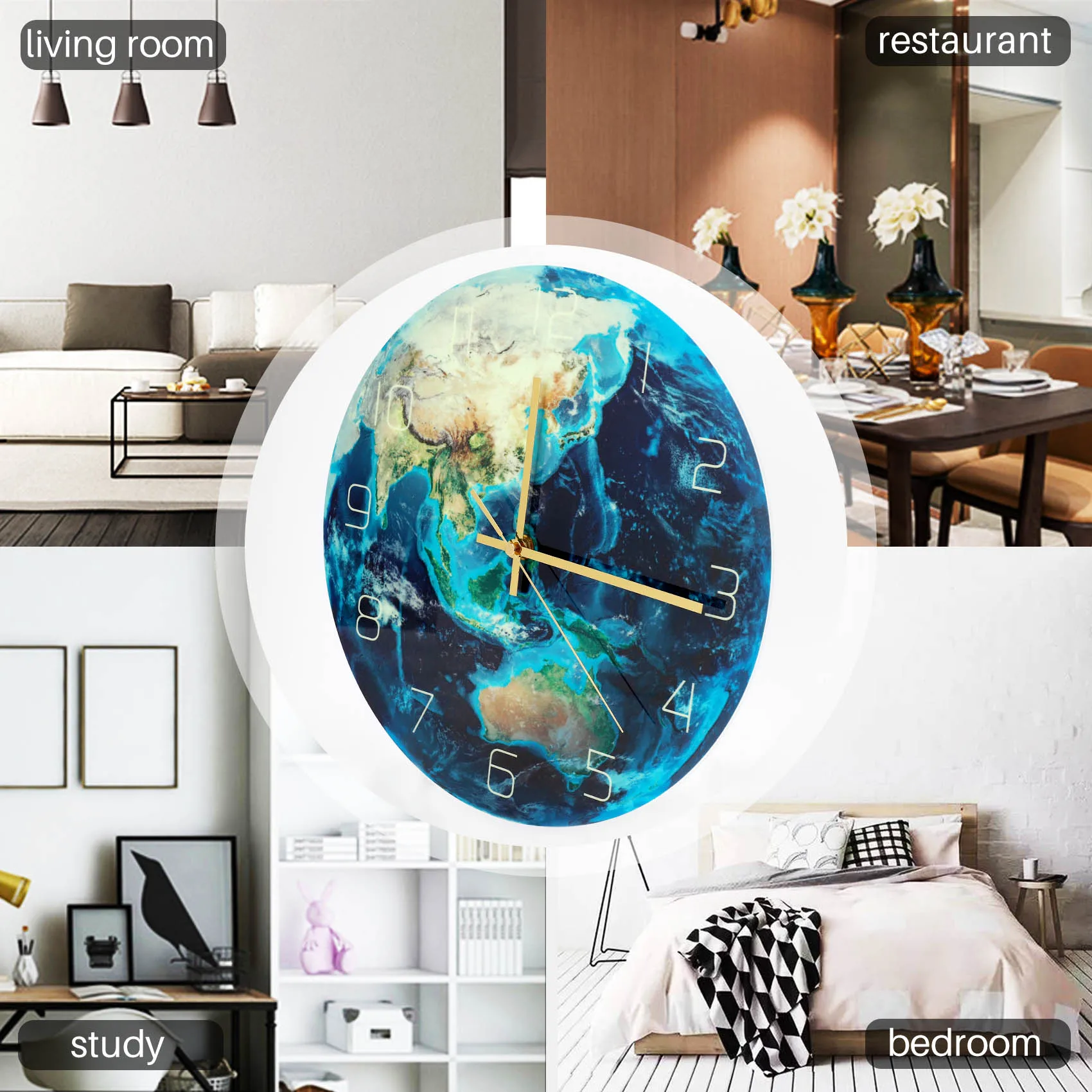 Luminous Earth Wall Clock Planet Print Clock Study Room Bedroom Living Room Decoration for Kids Baby Room
