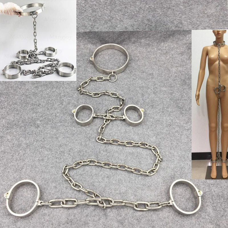 Stainless Steel Restraints Hand/Ankle Cuffs Neck Collar with Chain Lockable Bondage BDSM Reatraint Sex Toys for Women Men