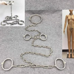 Stainless Steel Restraints Hand/Ankle Cuffs Neck Collar with Chain Lockable Bondage BDSM Reatraint Sex Toys for Women Men