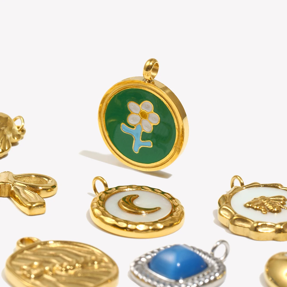 E.B.belle Small Cute Bowknot Star Heart Shell Flower Moon Pendants Stainless Steel 18K Gold Plated Charm DIY Necklace Bracelet