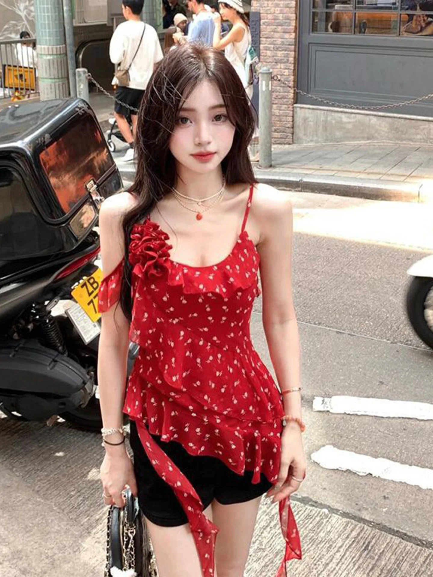 Verão praia sle vermelho floral impressão ter ne colete irregular renda guarnição saes feminino faion commute fino ajuste comprimento regular