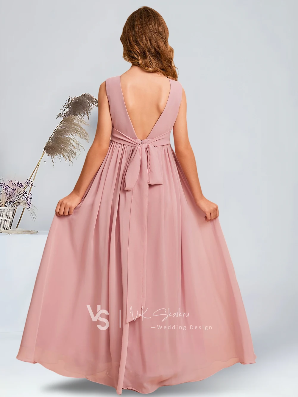 Elegant A-Line Scoop Floor-Length Chiffon Junior Bridesmaid Dresses with Flower Accents Blush Charming Flower Girl Dresses Party