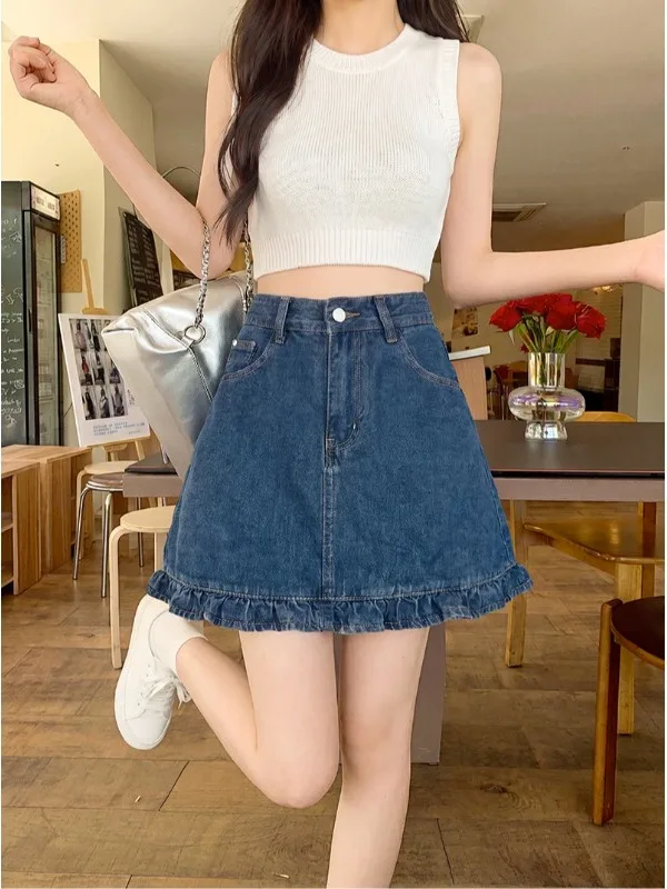 

plus Size Women's High Waist A-Line Skirt with Wood Grain American Style Summer Slimming Young-looking Denim Skirt