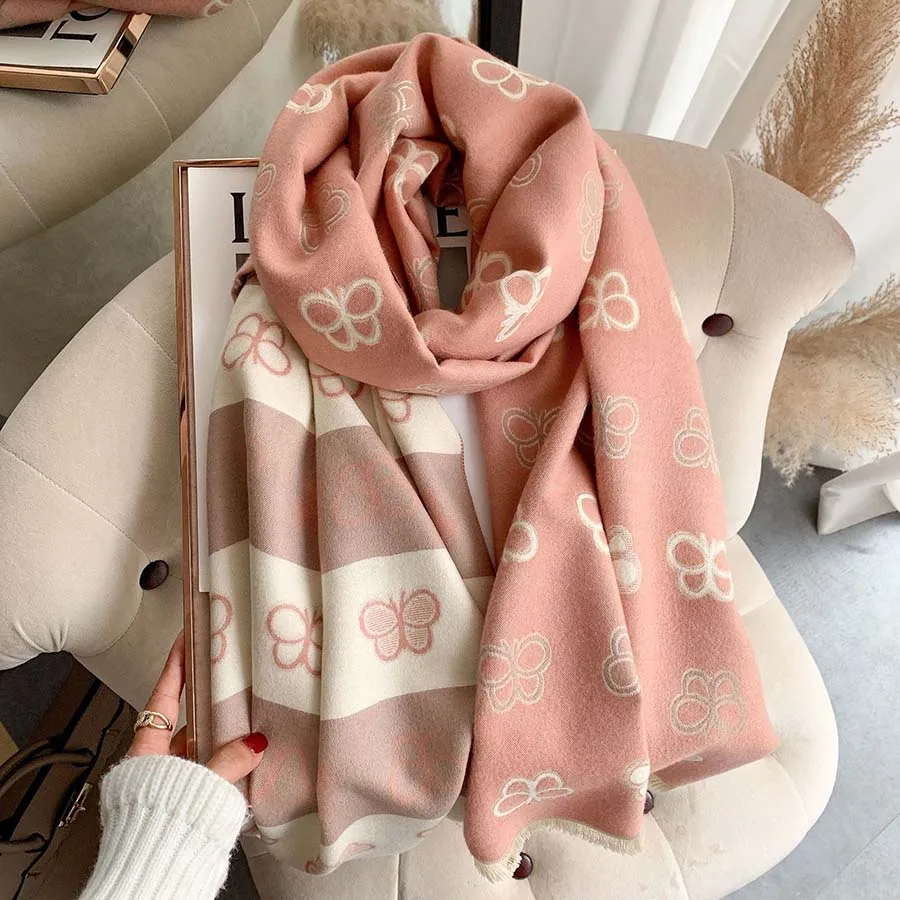 Double Sides Contrast Colors Butterfly Jacquard Acrylic Cashmere Scarf Shawl Winter Neckerchief Women Summer Cape Wraps Long