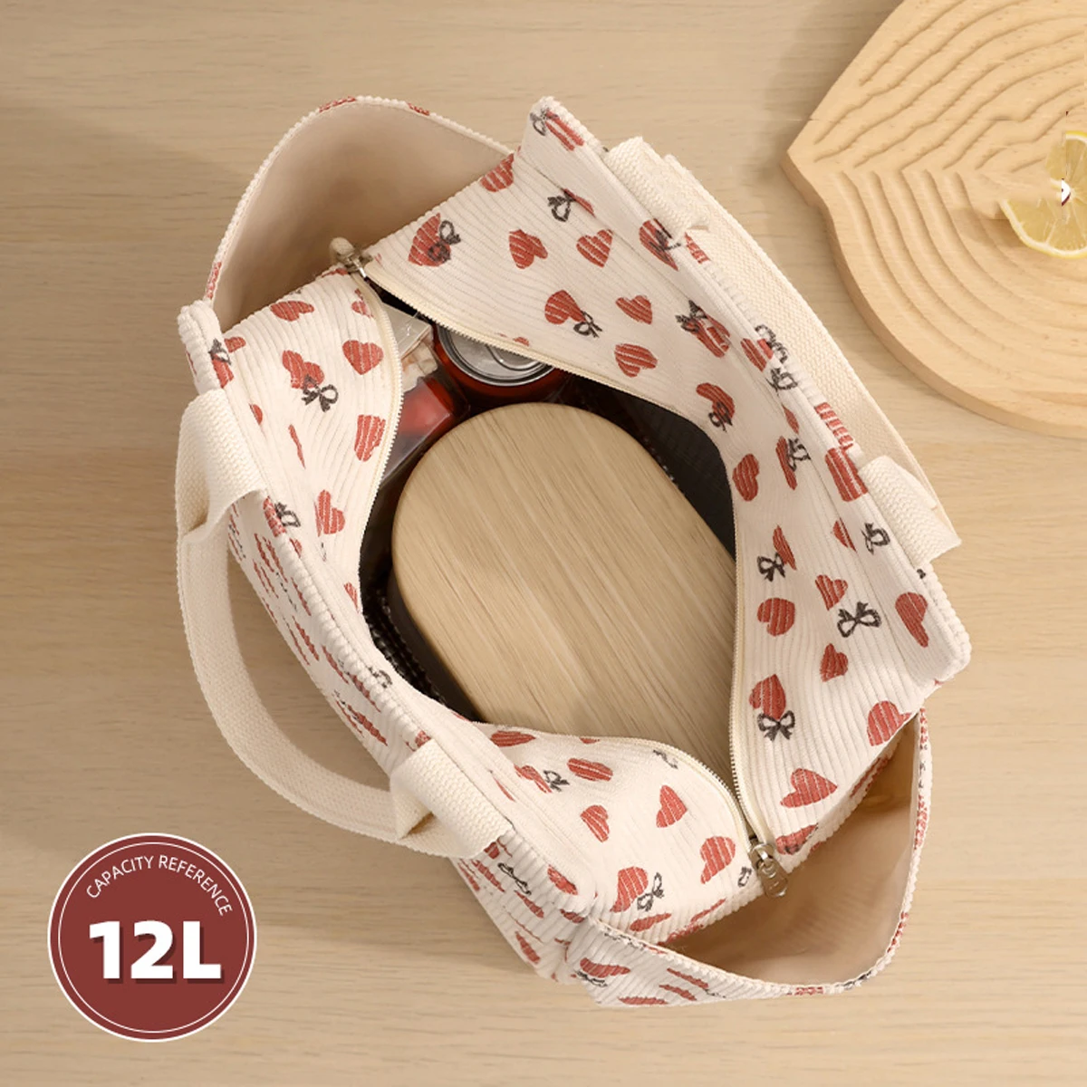 12L Lunch Box Bag, Thickened Aluminum Foil Insulation Lunch Bag, Printed Corduroy Material Waterproof and Oil Proof Meal Bag