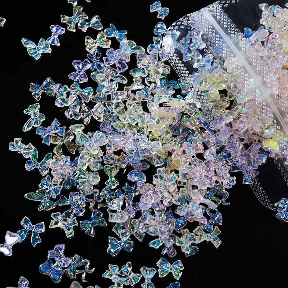 50g/Bag 3D Mixed Pink Aurora Bowknot Nail Art Charms Kawaii Resin Bow/Ribbon Rhinestones Y2K Colorful Manicure Decor Accessories