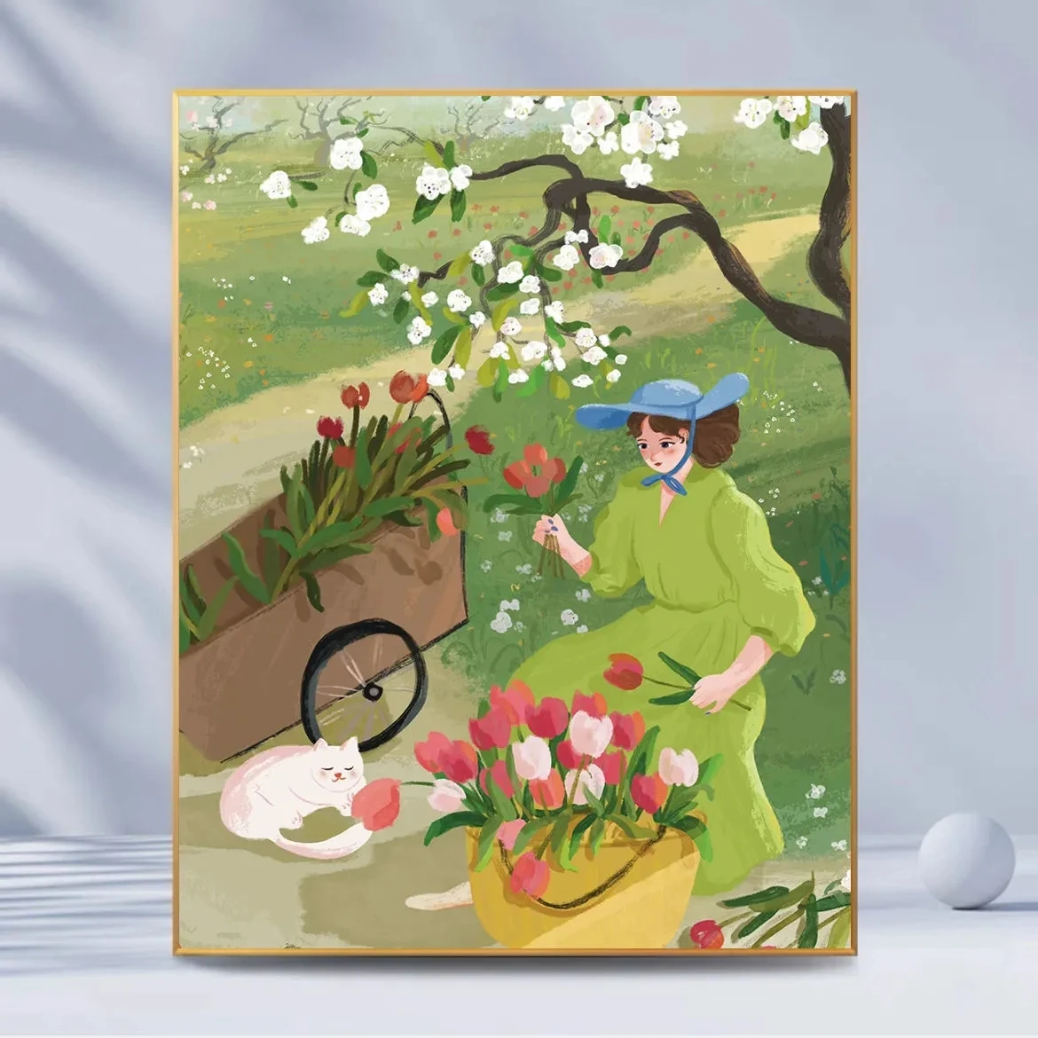 

Hand -filled color spring day girl cat oil color painting tulip cherry cure simple hanging digital oil painting