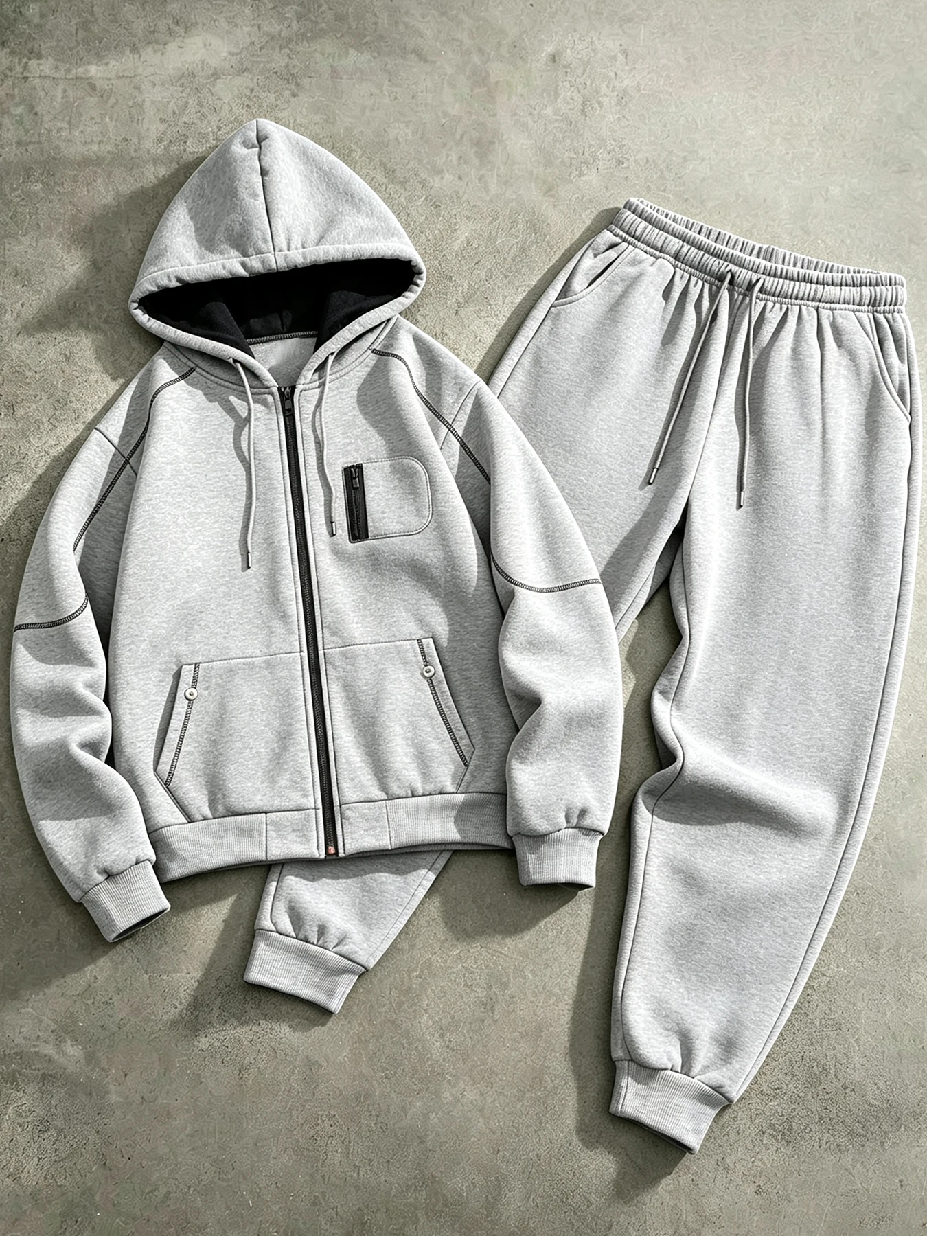 Mens Warm Lined Two Piece Set Contrast Stitching Zip Hoodie And Drawstring Sweatpants