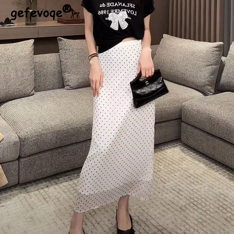 

Women's Clothing 2024 Summer Fashion Polka Dot Print High Waist Long Skirts Office Lady Elegant Commuting Slim Party Maxi Skirt