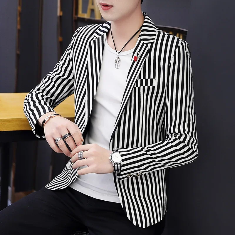 Mens Blazer Jacket 2022 New Suit Male Casual Korean Style Trendy Slim Striped Student Small Suit Jacket Hair Stylist Single Top