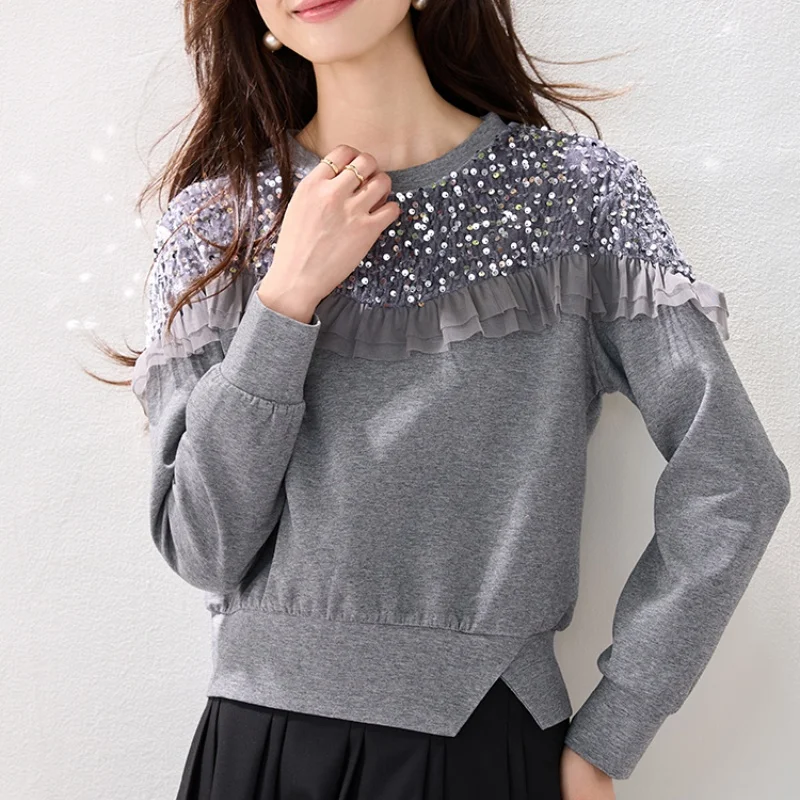 Autumn Women Designer Ruffle Patchwork Sequin Shirt Korean Loose T-shirts Simple Office Casual Blouses Lady Long Sleeve Tops