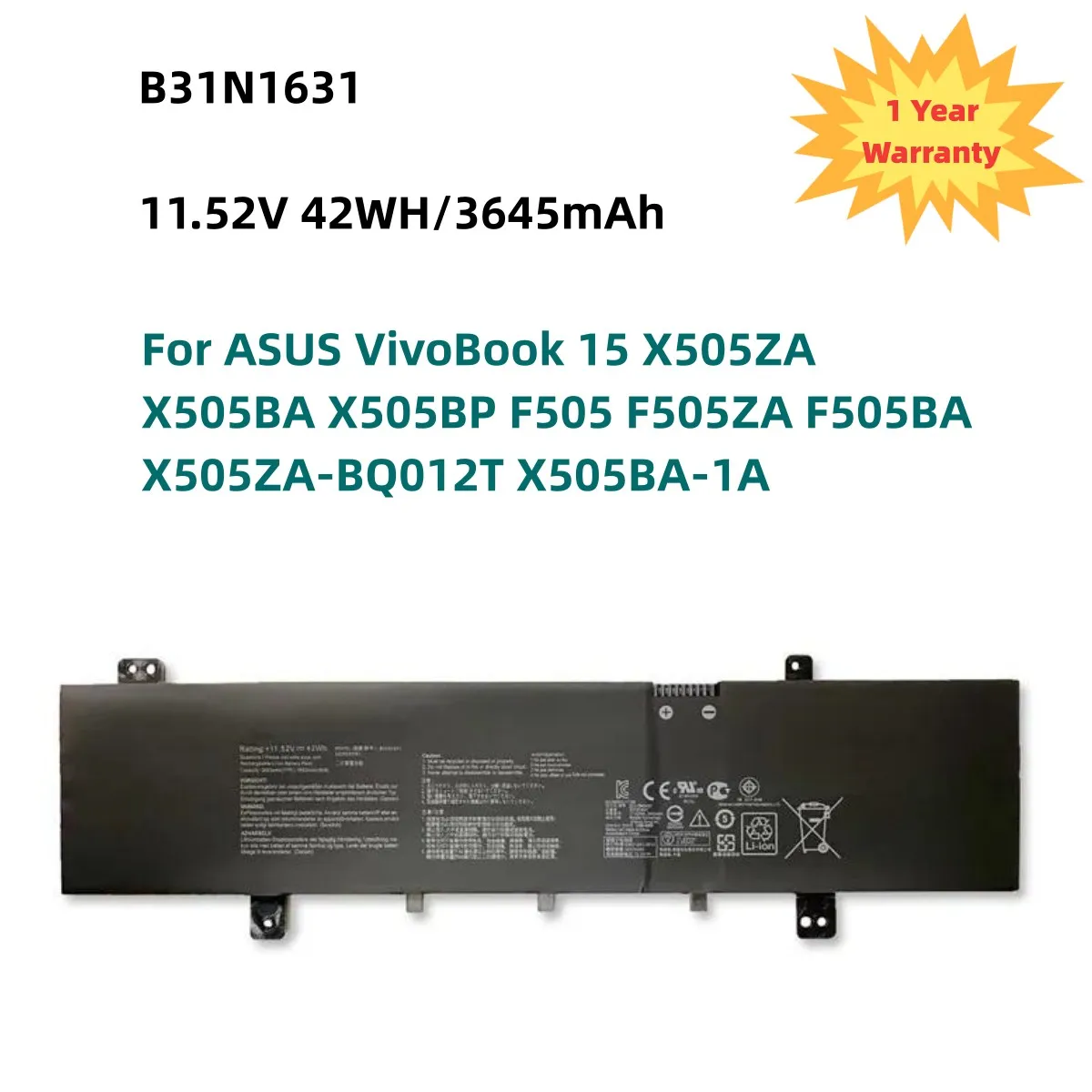 

B31N1631 Laptop Battery For ASUS VivoBook 15 X505ZA X505BA X505BP F505 F505ZA F505BA X505ZA-BQ012T X505BA-1A 11.52V 42WH