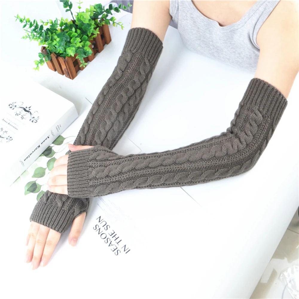 Winter Twist Knitting Woolen Arm Sleeve For Women Thicken Warm Long Fingerless Gloves Solid Color Long Sleeve Half-finger Glove