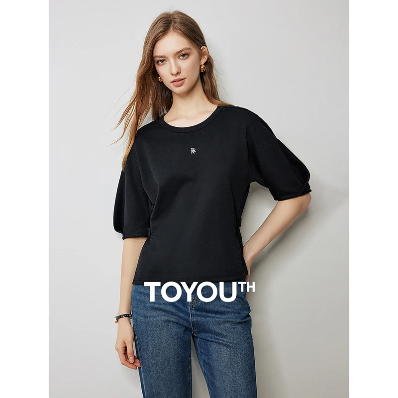 

TOYOUTH Women T-shirt 2024 Autumn New Round Neck Raglan Half Sleeve Pullover Tops