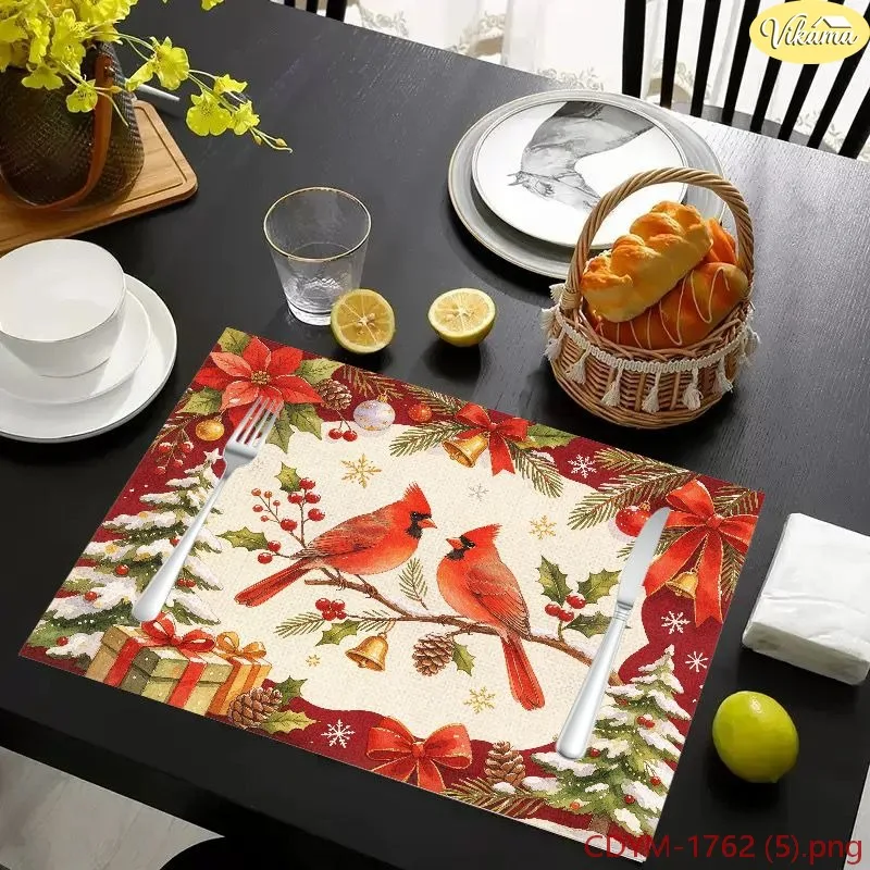 VIKAMA Christmas Placemats Red Gingerbread House Village Man Snow Washable Dining Mat Winter Holiday Kitchen Party Decor