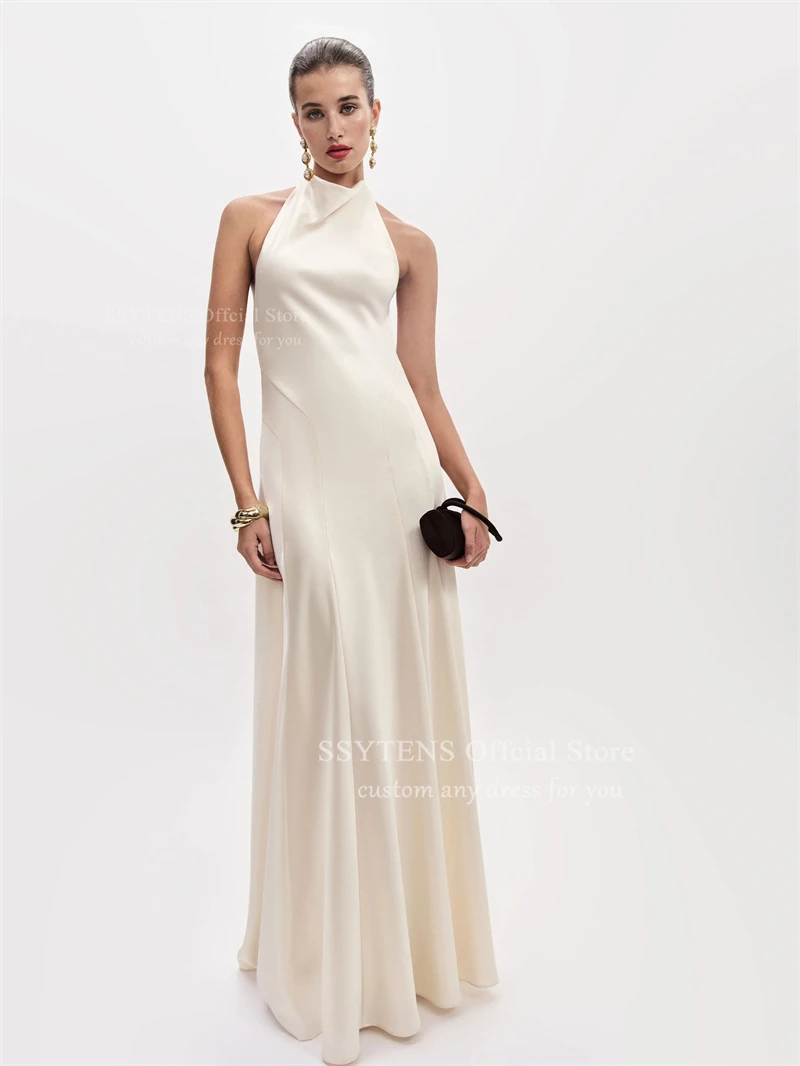 SSYTENS Abiti da sposa sexy in raso di seta senza schienale Collo alto Abiti da sposa semplici da spiaggia personalizzati da donna Abiti da festa formali bianchi