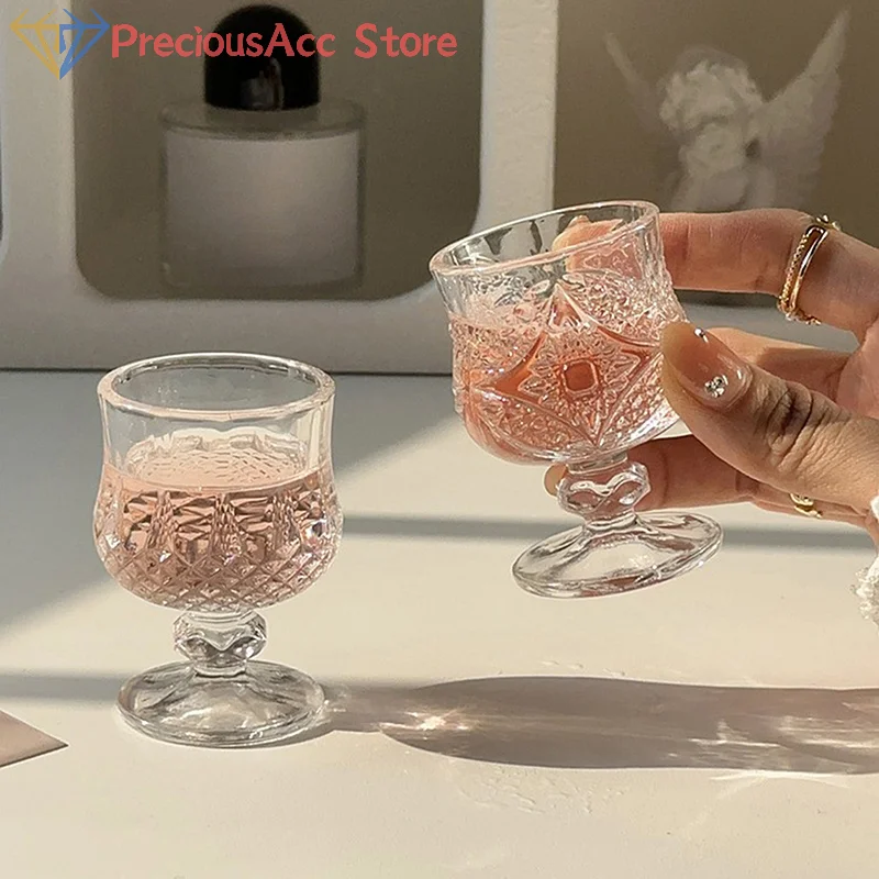 Korean Style Engraved Embossed Small Goblet Glass Cup For Soju Sake Liquor Short Stemmed Glass