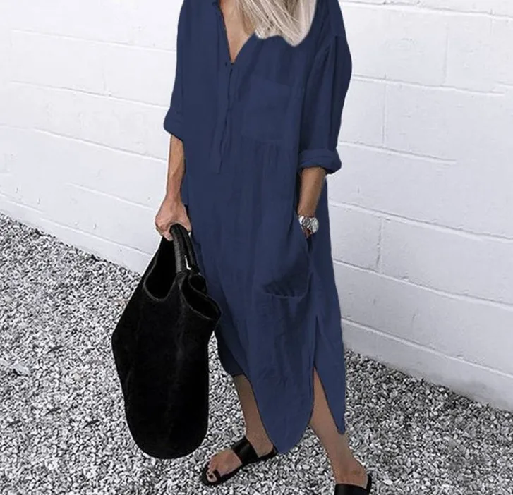 Plus Size Summer Women\'s Solid Shirts Dress Elegant Casual Split Button Pocket V-Neck Long Sleeve Lined Long Dress Vestido Robe