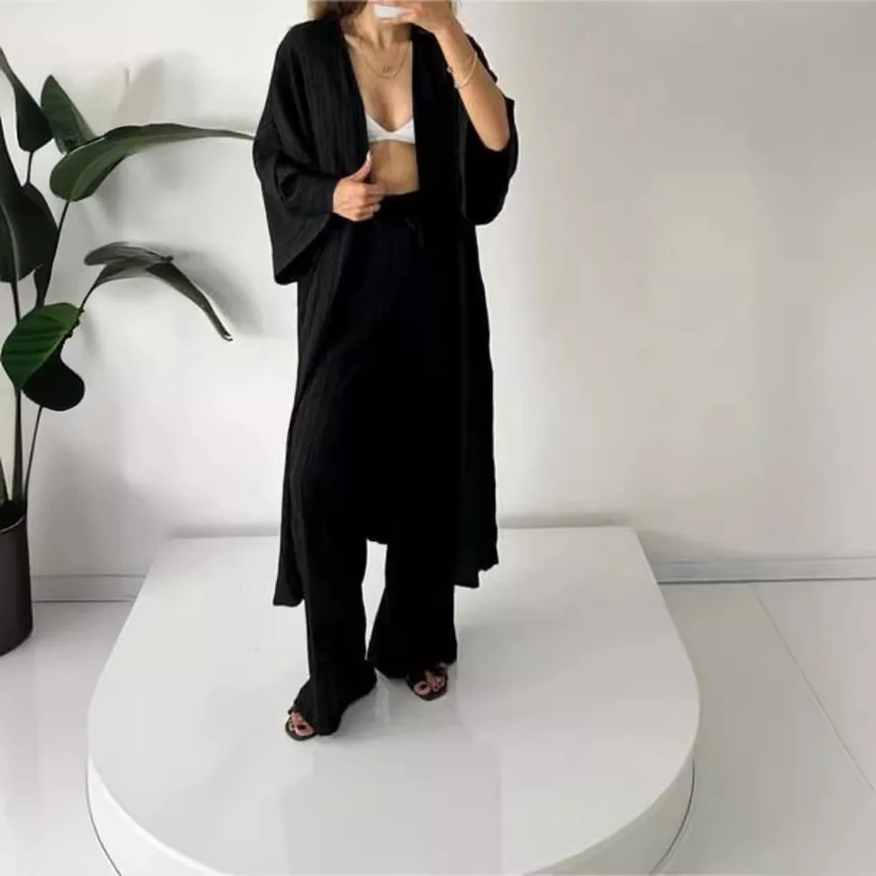 Autumn Fashion Loose Two Piece Set Women Muslim Pleated Texture Long Cardigan Top + Casual Wide Leg Pants 2 Piece Suit Women\'s