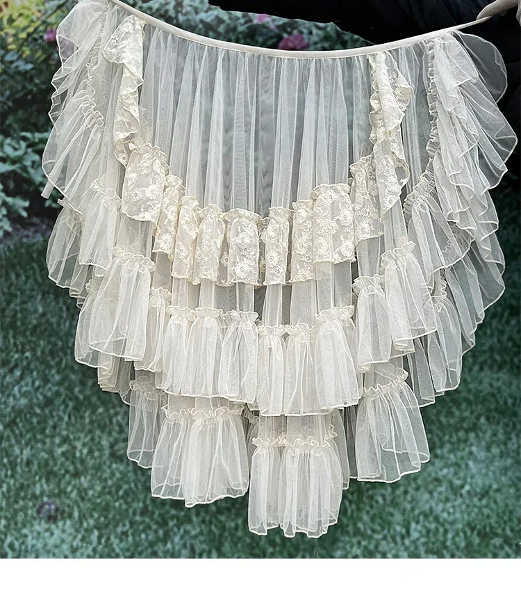 

Japanese Sweet Lolita Double Layered Lace Mesh High Low Skirt Women Asymmetrical Ruffles Waist Curtain Sheer Cover Up Skirts