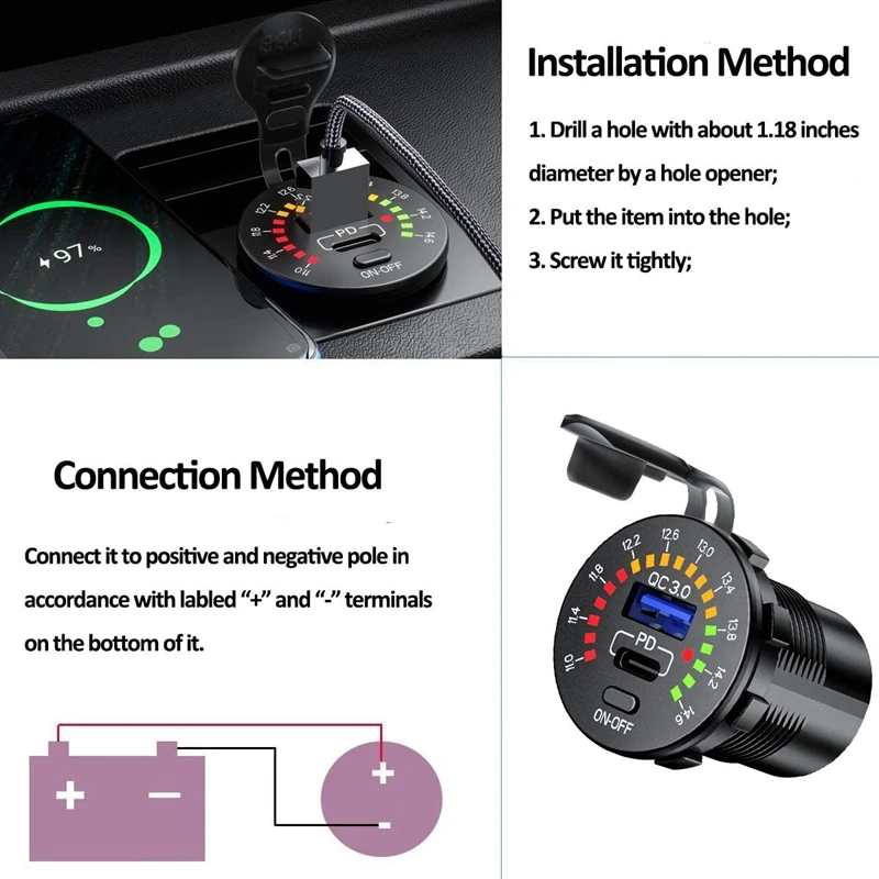 

Universal Waterproof Car Fast Charger 12V 18W Type C PD Socket Charger With LED Voltmeter