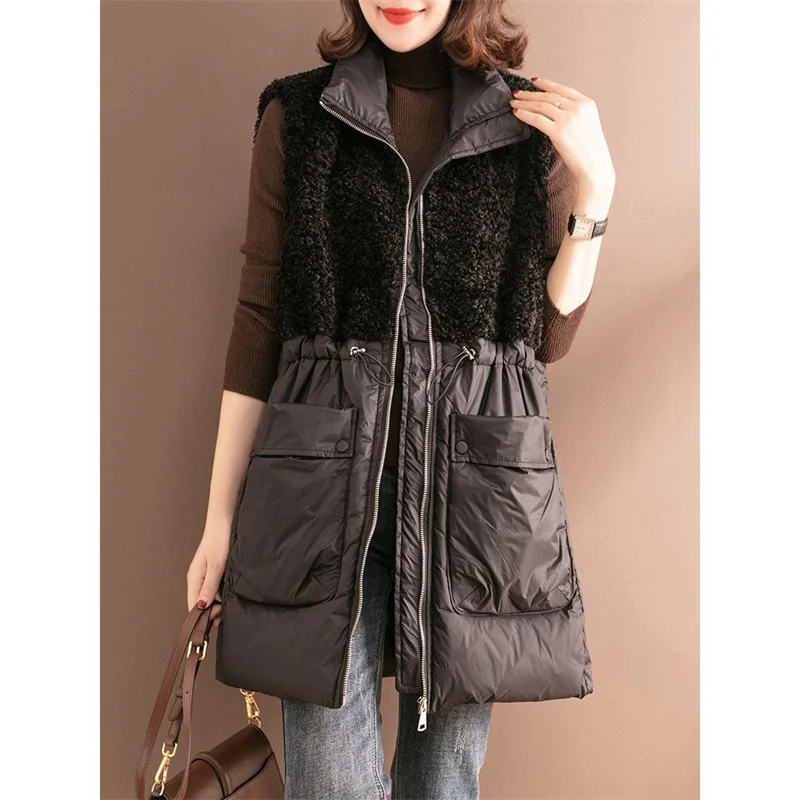 Medium Long Vest Female Winter New Middle-Aged Mother Loose Cardigan Women Lambswool Vest Cotton-Padded Jacket keep Warm Coat