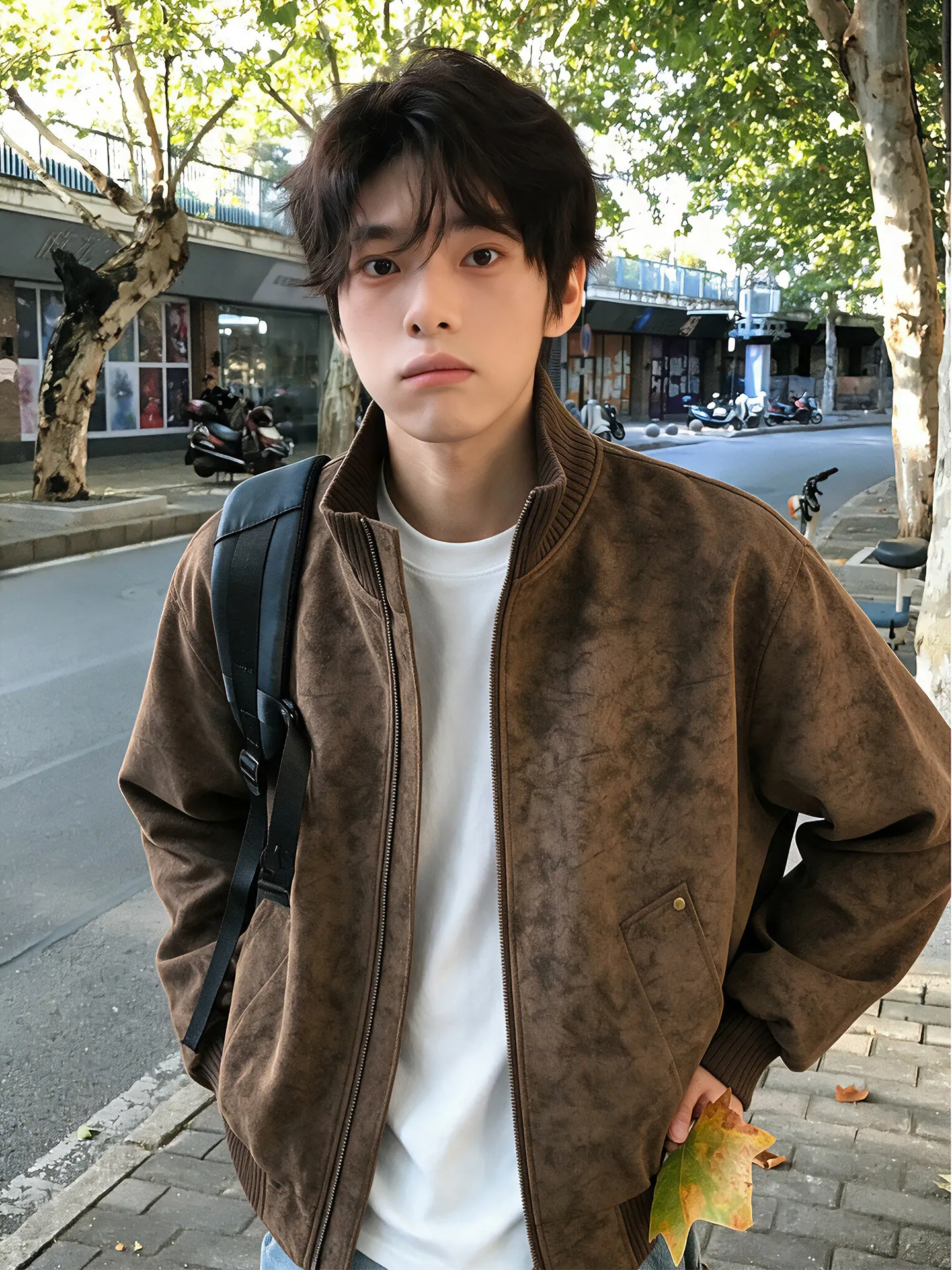 Tie-Dye Coffee Leather Jacket Men's Flight Jacket Short Shape Baseball Coat Stand Collar Outerwear Autumn American Style
