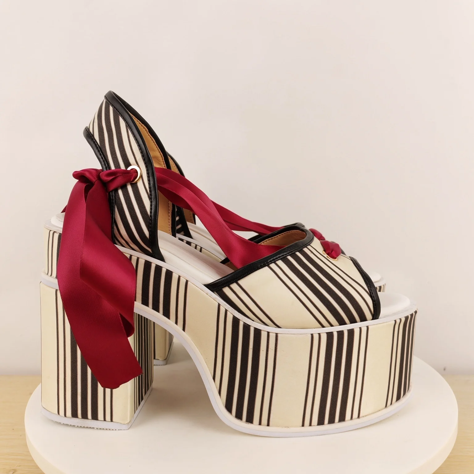 Women's Striped Canvas Chunky Heel Platform Sandals Red Satin Bow & Ankle Tie for Retro Lolita & Unique Fashion Statements view 5