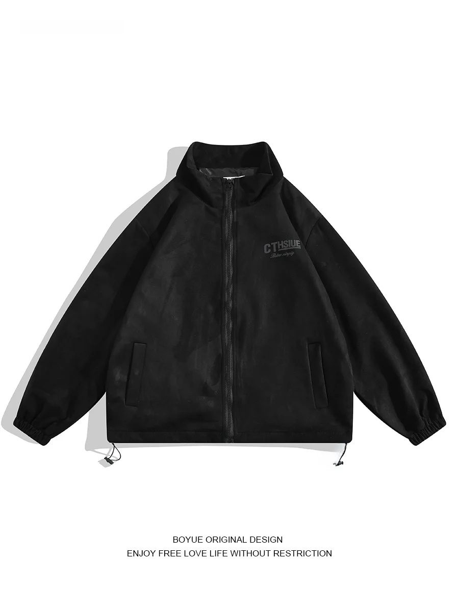 

Boyue Suede Print Jaet Men's Hip Hop Sle Stand Collar Long Sve Zipper Closure Outerwear for Autumn Winter Streetwear