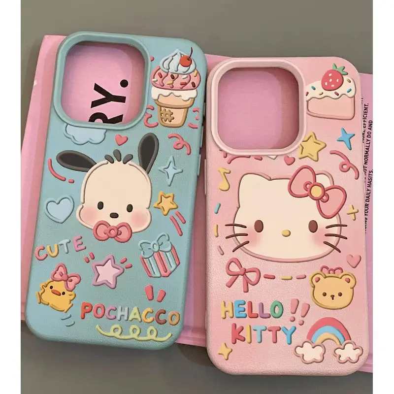 Cute Hello Kitty Pochacco Fashion TPU Imitation Leather Phone Case For iPhone 16 Plus 15 14 13 12 11 Pro Max Shock-absorbing