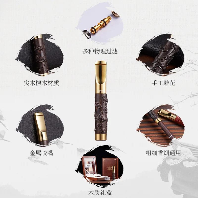 Caving Chinese Dragon Black Ebony Wood Smoking Filter Mouthpiece Reduce Tar Filter Cleanable Reusable Cigarette Holder box