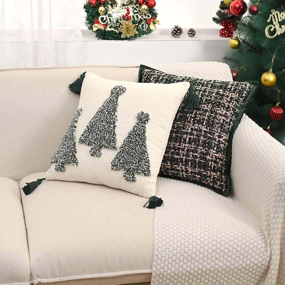 Red and Green Christmas Cushion Cover Christmas Tree Tufted Pillowcase Sequin Woven Pillow Cover Decorative Festival Living Room