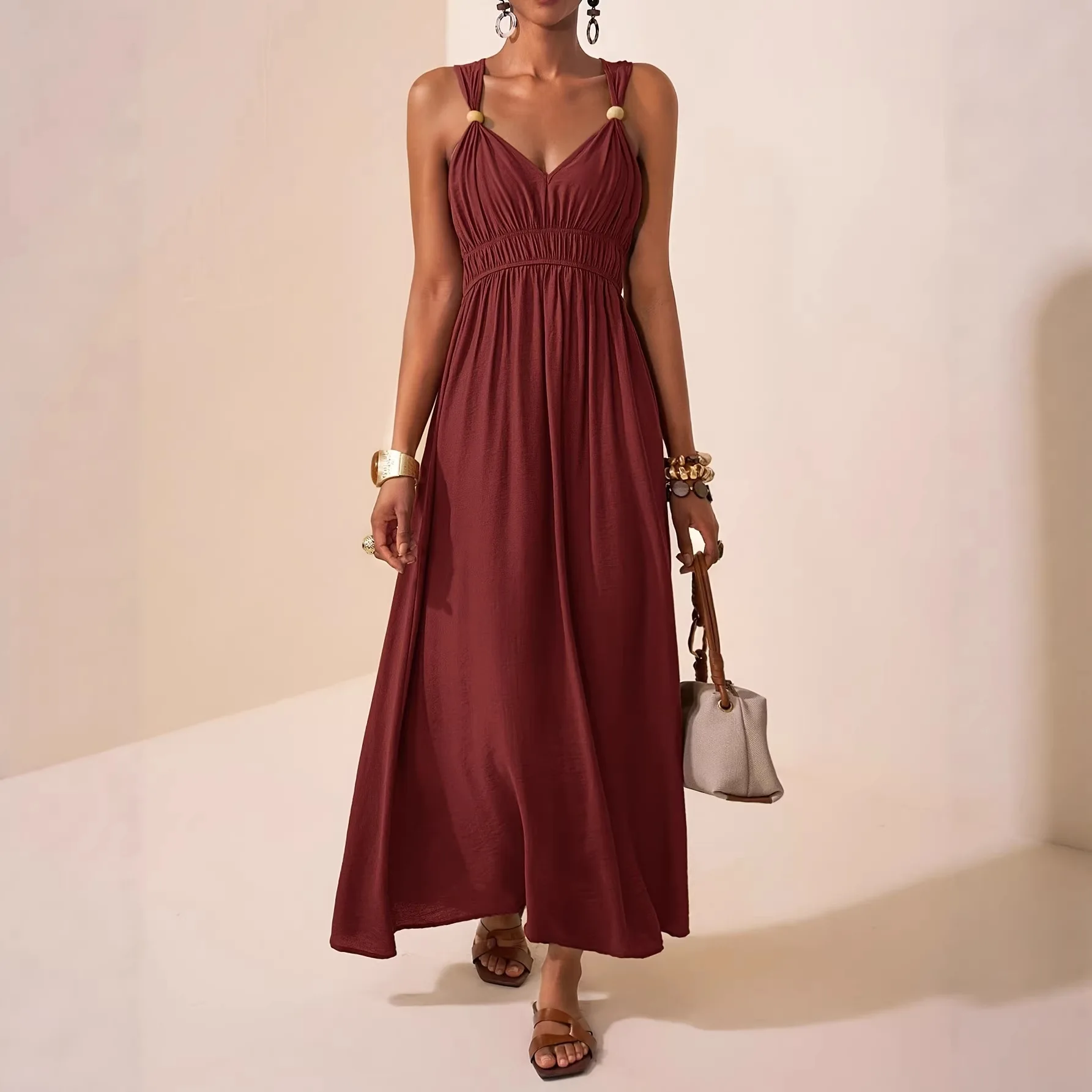 

2026 Spring Summer Long Sleeveless Thin Strap Deep V Neck Elegant A Line Maxi Dress for Amazon US EU UK CA AU for Women