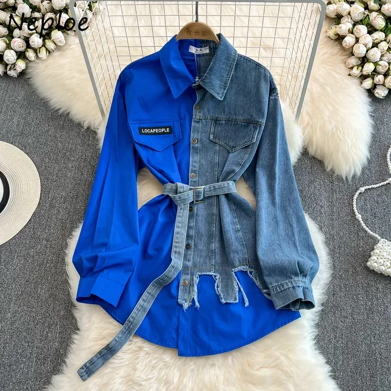 Neploe Vintage Hong Kong Style Denim Blouses Lapel Long Sleeve Slim Waist Contrast Color Shirt Casual Mid Length Blusa with Belt