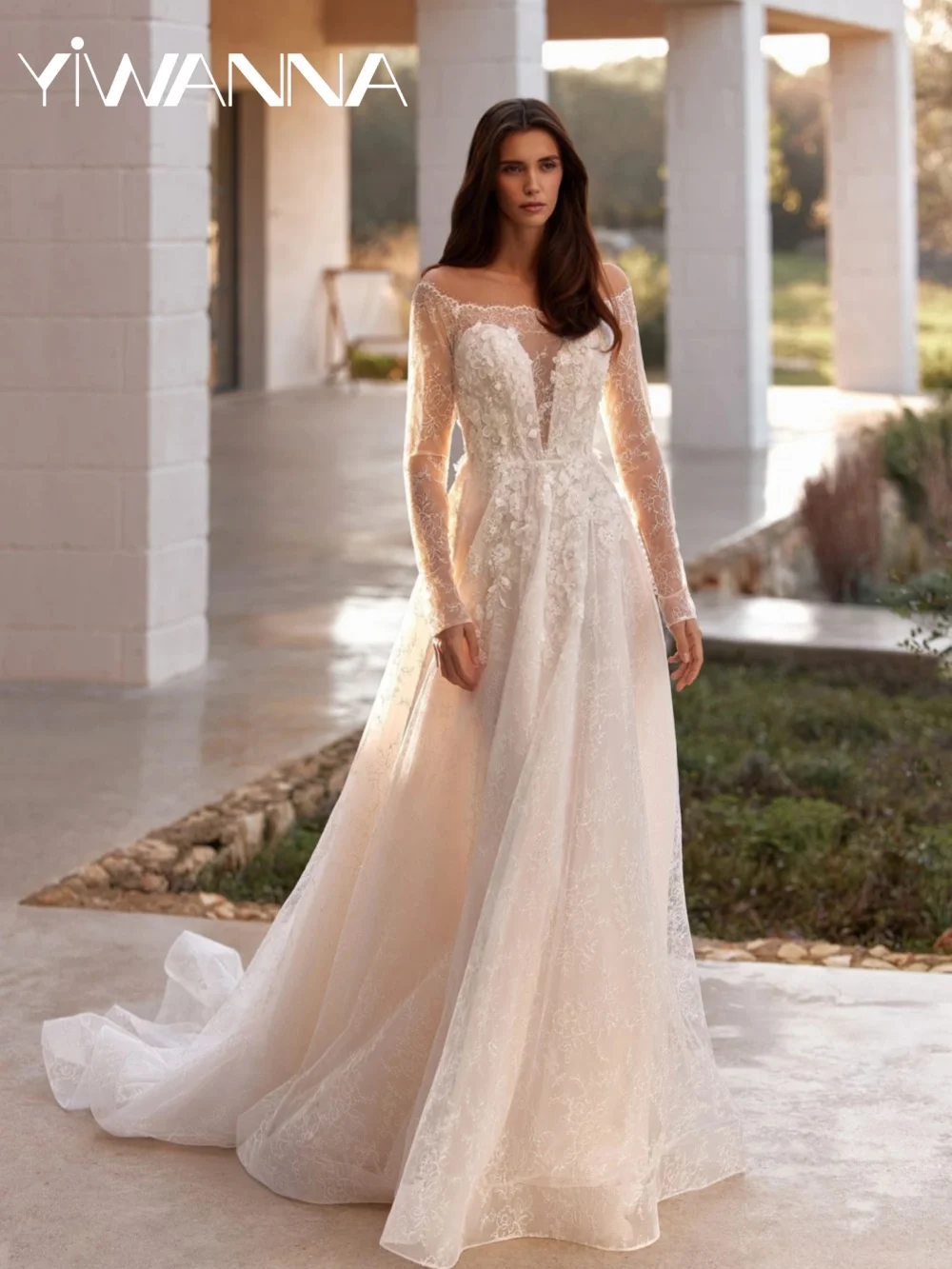 

2026 New Shinny Lace Wedding Dress Long Sleeved Elegant A-line Bridal Gown Customized Charming 3D Floral Dresses For Bride
