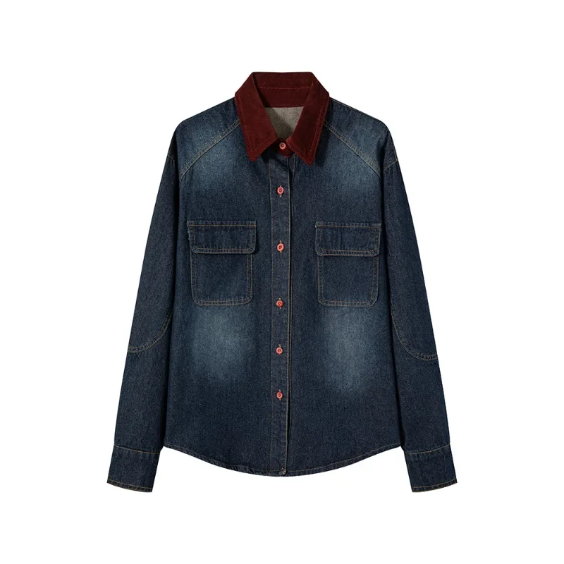 Women's Dark Blue Denim Shirt Fleece Lined Thickened Contrast Collar Long Sleeve Casual Warm Blouse