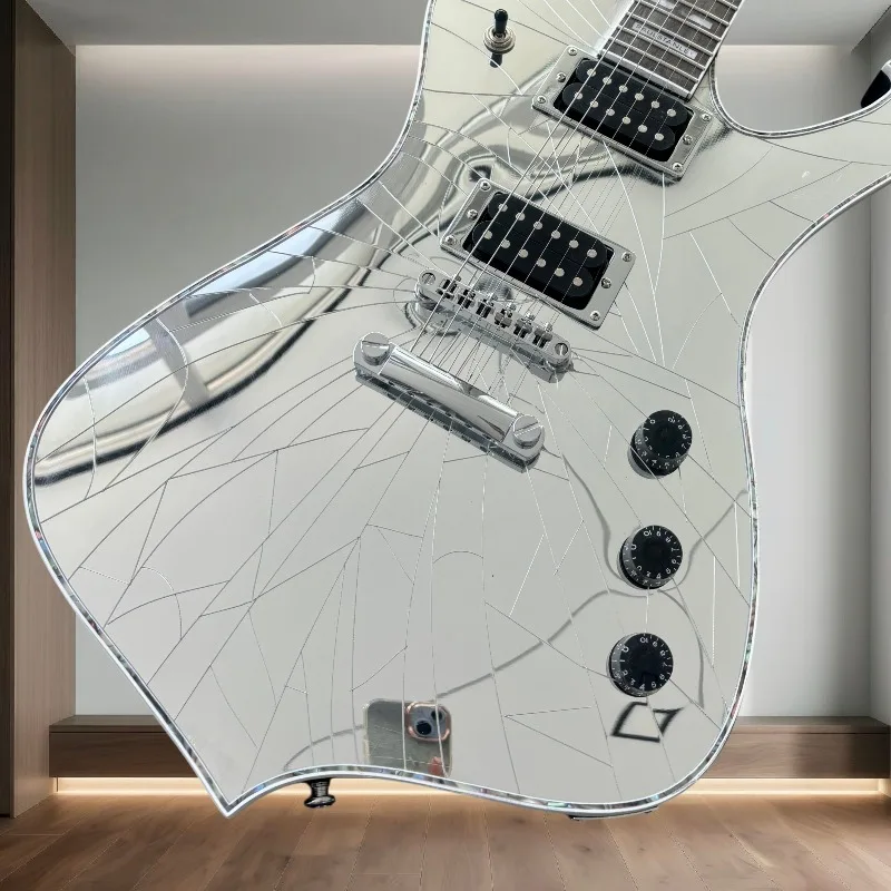 6 String Special Shape Electric Guitar Cracked Mirror Surface HH Humbucker Pickups Fixed Bridge Chrome Hardware Beginner Unisex