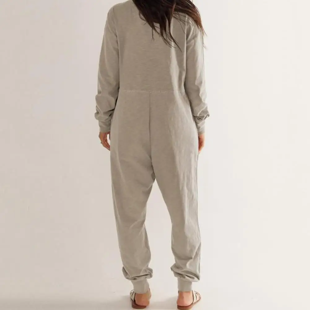 

Women Long Sleeve Jumpsuit Loose Harem Overalls Cozy Women's V Neck Jumpsuit with Pockets Deep Crotch Oversized for Ladies