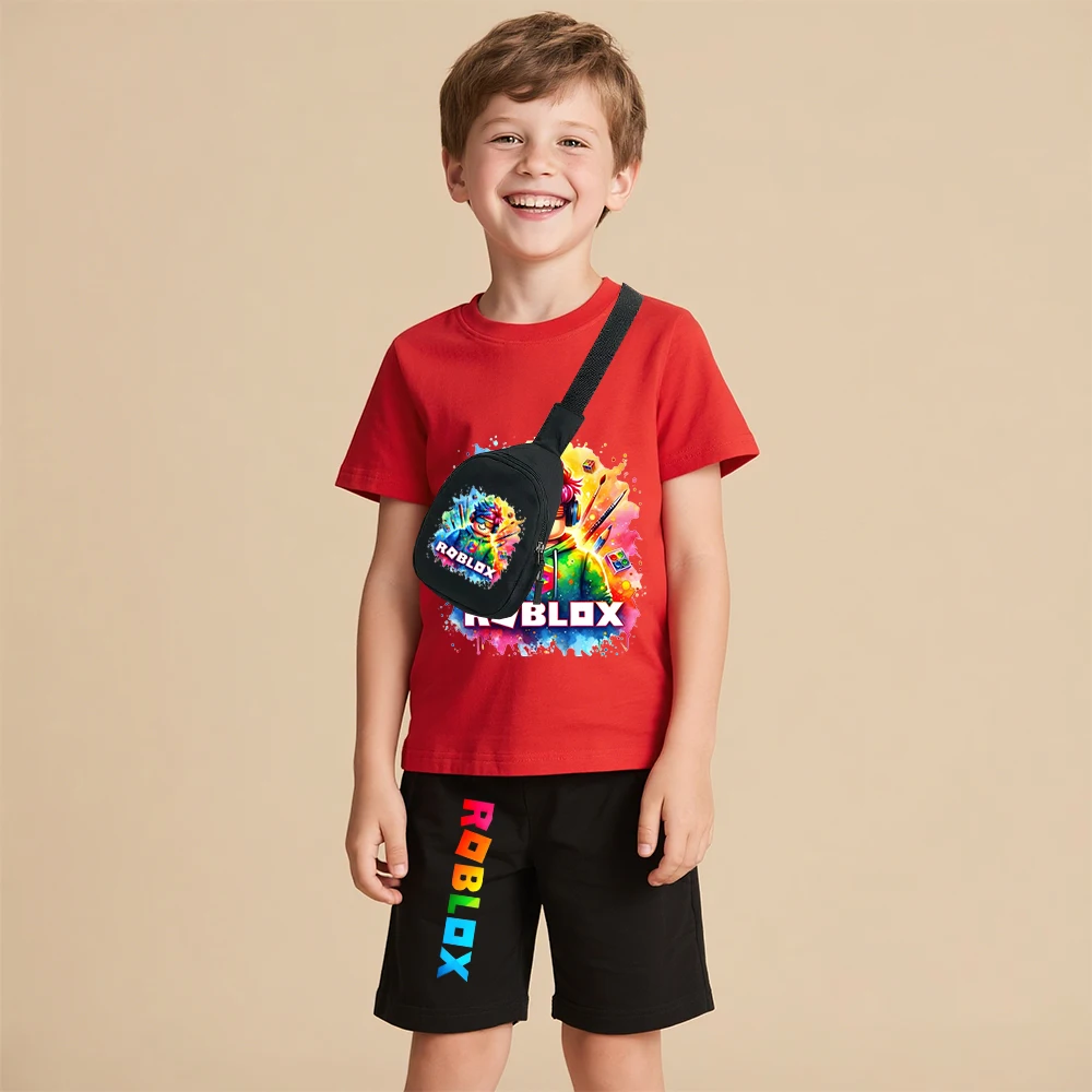 

Комплект из 3 предметов с графическим принтом Roblox для мальчиков: хлопковая футболка, шорты и сумка-слинг, повседневная игровая одежда, детский одинаковый комплект одежды