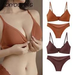 Ice Silk Underwear Set Solid Color Seamless Bra Wireless Front Buckle Push Up Bra Comfortable Panties Sexy Underwear Set