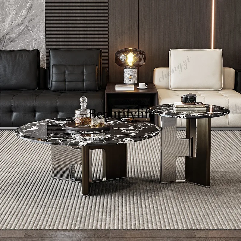 Light luxury wabi-sabi style Italian minimalist marble coffee table combination round sofa edge stainless steel tea table